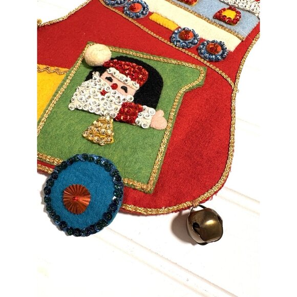 FINISHED Bucilla Felt Applique Sequins Christmas Stocking Santa Train Kitschy - Picture 4 of 8
